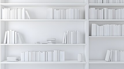 A clean, white bookshelf with neatly arranged books and minimal decor