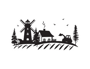 house with windmill vector silhouette. farm with fields vector silhouette