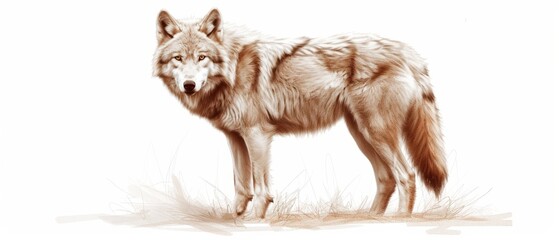  A wolf stands atop a dry grass field, gazing to the side