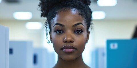 Contemplative African American Woman in Voting Booth