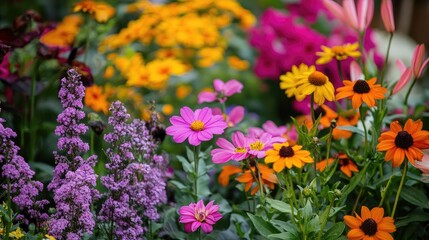 Blooming garden with a variety of flowers, capturing the richness and beauty of nature.