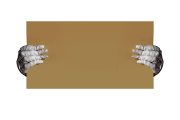 Mummy's hand wrapped in bandages holding blank sign template sheet of paper with empty copy space. Isolated background. Horrible risen dead mummy monster for a Halloween horror concept