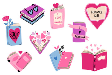 Vector set about books and reading. Book lover stickers. Cute hand drawn flat elements. Collection of inspirational illustrations with handwritten text. Quotes about literature