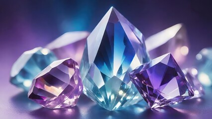 Elegant Assortment of Faceted Blue and Purple Crystals in Soft Light with a Mystical Aura