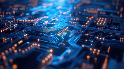 Obraz premium Blue circuit board close-up, symbolizing technology and innovation.