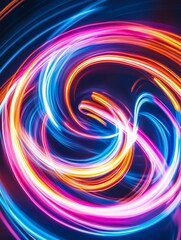 Obraz premium This digital artwork showcases swirling neon lights in vibrant blue, pink, orange, and white, creating a dynamic and abstract composition. It symbolizes energy, movement, and the interplay of light an
