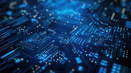 Obraz premium Blue circuit board close-up, symbolizing technology and innovation.