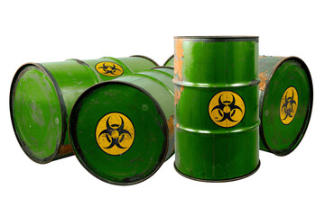 Barrel with toxic waste. Biohazard warning sign. Rusty dangerous barrel with pathogens, or other...