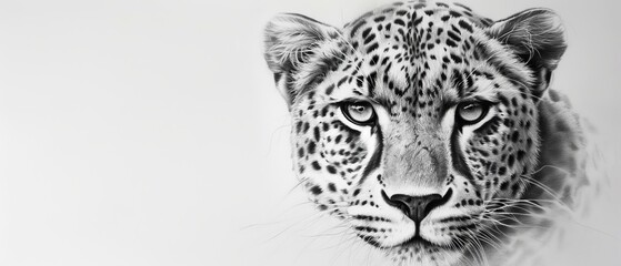 Fototapeta premium A tight shot of a cheetah's face in monochrome, against a pristine white backdrop