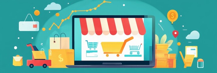 This illustration depicts the growth of an online ecommerce business, showcasing elements like a laptop with an online store interface, shopping carts, a rising revenue graph, and a stack of gold coin