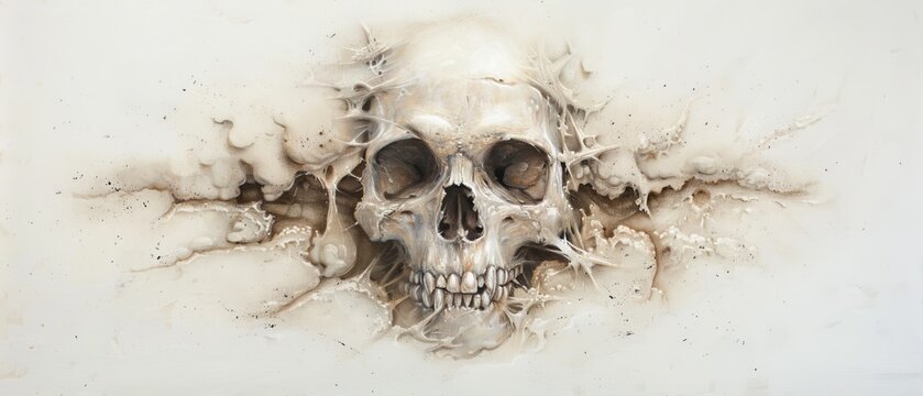  A painting of a human skull emitting copious amounts of smoke from its cranial cavity