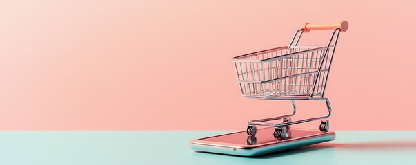 Shopping Cart on Phone, Online Shopping Concept.