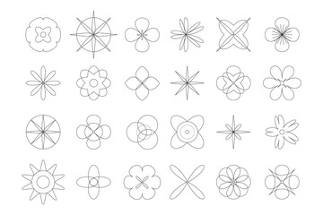 Brutal contemporary outline flowers. Set floral figures in y2k style, retro futuristic. Abstract graphic geometric elements. Linear icons in 2000s style. Primitive contemporary vector collection