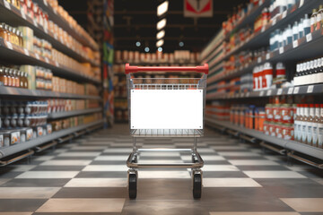 Store interior, shelves and shopping cart photograph with blank transparent placard for brand logo or advertisement mockup. Includes alpha channel in png.


