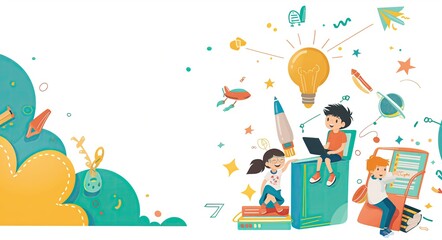 Obraz premium Playful cartoon illustration of children with laptops and books, surrounded by creative and educational icons like lightbulbs and rockets, symbolizing learning and innovation..
