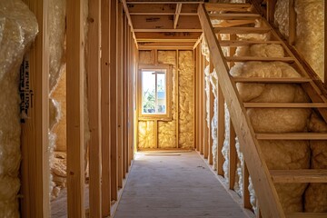 Unfinished Wooden Stairwell with Window and Insulation