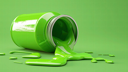 A large jar of green paint tipped over and spilling shiny liquid paint onto the green floor.
