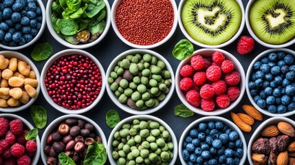 Naklejka premium This image showcases a vibrant selection of plant-based foods, symbolizing the variety and nutritional richness of a healthy plant-based diet. It features fresh fruits, vegetables, nuts, seeds, and le