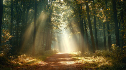 Fototapeta premium The peaceful forest path was shrouded in mist, with tall trees lined up in rows and the sun shining through the branches, creating a Tyndall light effect.