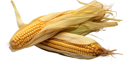 dry corn cob with husk, studio view, isolated on transparent background.