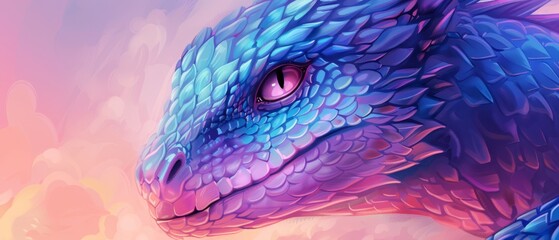 Obraz premium A tight shot of a dragon's blue-purple head against a backdrop of pink-blue sky