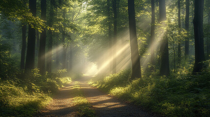 Obraz premium The peaceful forest path was shrouded in mist, with tall trees lined up in rows and the sun shining through the branches, creating a Tyndall light effect.