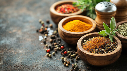 Colorful spices and herbs in wooden bowls on a rustic table, surrounded by a salt shaker and pepper. Concept of healthy cooking or baking with natural ingredients