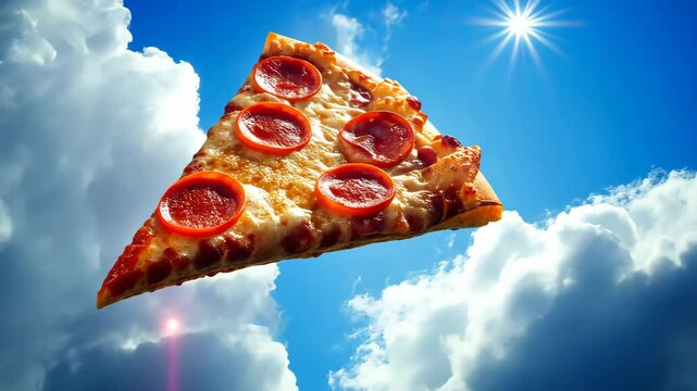 Slice of pepperoni pizza floating among clouds, surreal concept. Fantasy food and sky imagery