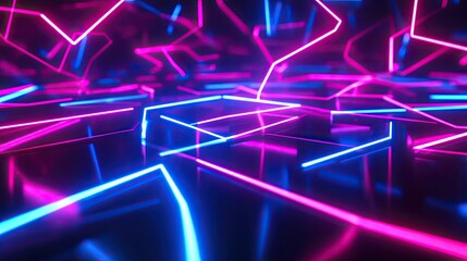 Obraz premium Glowing neon lines forming an abstract pattern in a 3D space, representing the fast-paced world of modern technology and digital innovation.