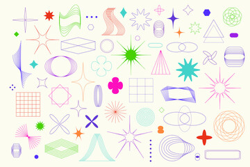 Obraz premium Brutalism colorful abstract geometric shapes: contemporary figure, star, oval, spiral, flowers, primitive elements. Y2K aesthetic. Futuristic linear trendy modern graphic. Swiss, bauhaus design