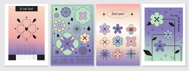 Set of brutal contemporary posters with colorful outline flowers and gradients. Floral figures in 2000s, y2k style, retro futuristic. Abstract geometric plants. Primitive contemporary vector