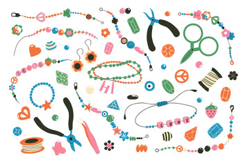 Big set with equipment for jewelry making: tools, beads, 90s and Y2K style bracelets. Handmade Hobby, DIY, workshop, artwork, creativity concept. Hand drawn flat vector illustration isolated on white