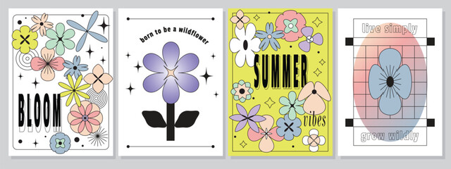 Set of brutal contemporary posters with colorful outline flowers and gradients. Floral figures in 2000s, y2k style, retro futuristic. Abstract geometric plants. Primitive contemporary vector