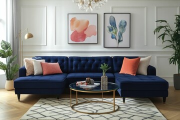 Fototapeta premium Modern Living Room Interior Design with Sectional Sofa and Artwork