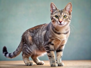 Obraz premium A sleek, short-haired cat with distinctive whisker tufts and a short, curved tail, its grey coat mottled with darker patches.