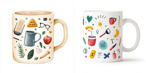 A coffee mug with educational symbols, watercolor clipart, soft shades, isolated on white background, perfect for nursery