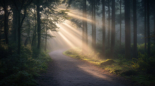 The peaceful forest path was shrouded in mist, with tall trees lined up in rows and the sun shining through the branches, creating a Tyndall light effect.