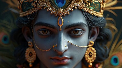 Portrait of the Divine Krishna Face in a Golden Crown Close-Up with Intricate Details and Rich Colors new beautiful stock image illustration AI
