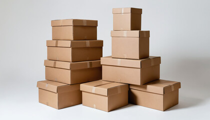 Obraz premium Pile boîtes cartons emballages marrons mur. Envoi expédition commande déménagement. Fond blanc élément isolés.