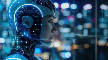 A futuristic humanoid robot with glowing circuitry against a vibrant city backdrop.