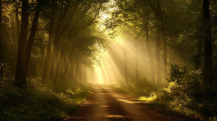 Naklejka premium The peaceful forest path was shrouded in mist, with tall trees lined up in rows and the sun shining through the branches, creating a Tyndall light effect.