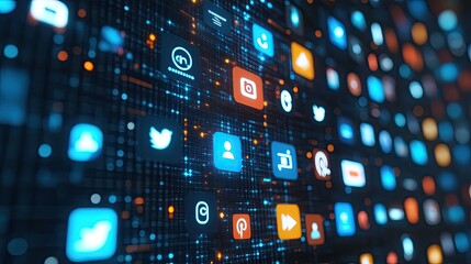 Fototapeta premium Icons of various social media platforms on a digital screen, symbolizing the concept of online communication and social networking in the modern world.