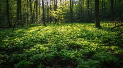 Obraz premium Lush green foliage under springtime sun glow