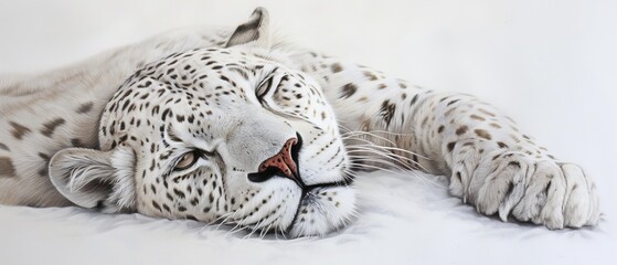 Obraz premium A tight shot of a white tiger lying on its side on a snow-covered ground, revealing its open mouth