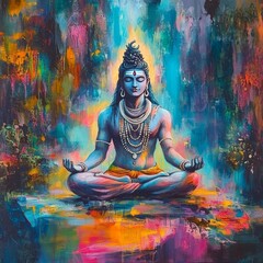 Lord Shiva in deep meditation surrounded by colorful abstract background.