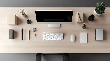 Obraz premium A top-down view of a simple, modern desk setup with clean lines and minimal clutter