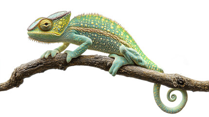 Fototapeta premium Chameleon Caught on a branch, isolated on white background