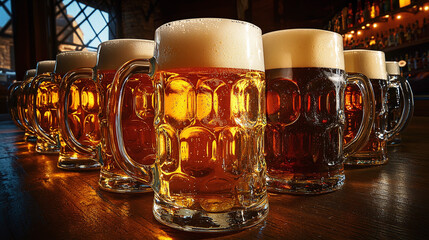 Detailed view of beer in large glasses, arranged for tasting in a pub, perfect for beer lovers.