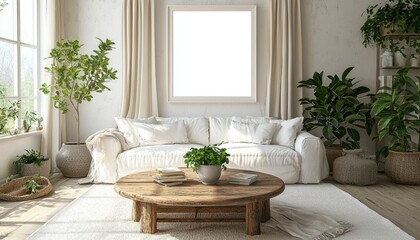 White Sofa and Coffee Table in a Light and Airy Living Room with Plants