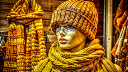 Mannequin in Cozy Winter Hat and Scarf with Warm Tones, Fashion Store Display